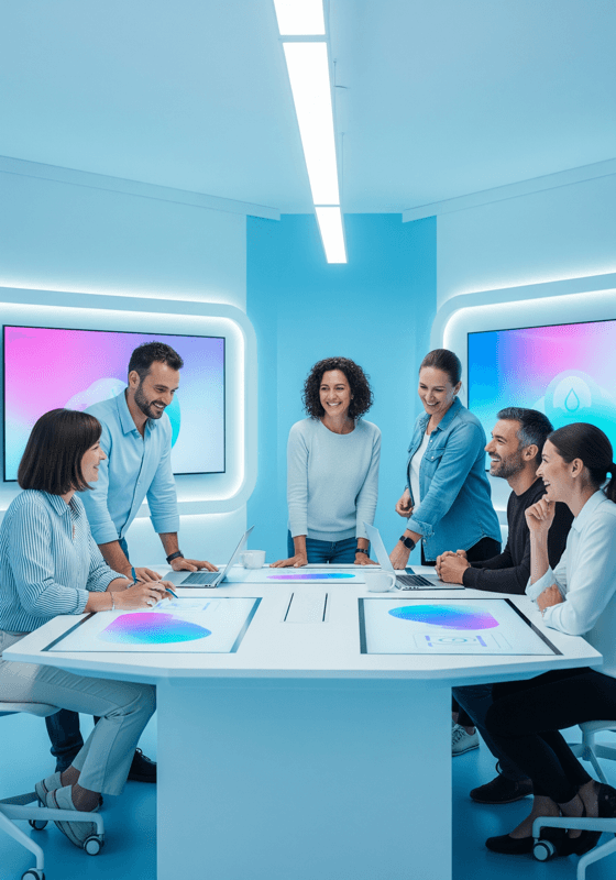 Team collaborating around a futuristic table with screens
